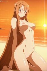 1girl ai_generated barefoot beach blush breasts brown_eyes brown_hair completely_nude digitalwaifugallery hi_res high_quality high_resolution kneeling long_hair looking_at_viewer medium_breasts navel nipples nude ocean outdoors patreon pussy seductive sexy shuumatsu_no_valkyrie solo sun sunset uncensored very_long_hair water watermark yuuki_asuna