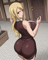 1girls ai_generated big_ass big_boobs big_breasts blonde_female blonde_hair brown_eyes curvy curvy_body curvy_female curvy_figure dress fairy_tail female female_only huge_ass huge_breasts kyoru189 large_ass large_breasts light-skinned_female light_skin looking_at_viewer looking_back lucy_heartfilia mature_female shiny shiny_skin solo solo_female