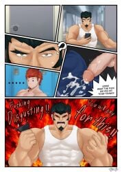 2boys ? abs angry angry_expression angry_face bara big_penis clothed clothing comic comic_page comic_panel cum cum_drip cum_on_clothes cum_on_underwear danganronpa danganronpa:_trigger_happy_havoc danganronpa_2:_goodbye_despair english english_text gay kuwata_leon masturbation mireikiphanie muscles muscular muscular_male nidai_nekomaru orange_hair penis penis_piercing phone piercing semen text veiny_penis yellow_eyes