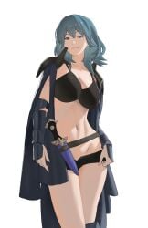 1girls absurdres armor bikini bikini_top_only black_bikini black_shorts blue_eyes blue_hair breasts byleth_(fire_emblem) byleth_(fire_emblem)_(female) cleavage collarbone dagger female female_only fire_emblem fire_emblem:_three_houses gauntlets grin highres knife large_breasts medium_hair navel nintendo pomelomelon short_shorts shorts shoulder_armor simple_background smile solo standing stomach swimsuit thighs weapon white_background