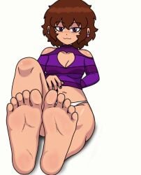 blue_eyes blush blushing chest_window feet feet_fetish feet_focus feet_together freckles purple_ear_piercing purple_eyes purple_sweater sarah_(galaxy-sarah) sitting stripped white_panties