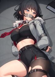 1girls ai_generated arms_tied_behind_back black_hair bondage gag gagged jane_doe_(zenless_zone_zero) laying_on_ground looking_at_viewer tape_gag torn_pantyhose zenless_zone_zero