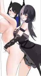 2girls against_wall arms_around_partner arms_around_waist arms_up big_breasts black_hair blush breasts clothed_female_nude_female clothing dress feet_out_of_frame female female_only hololive hololive_english hololive_english_-advent- horns humping implied_penetration implied_sex large_breasts long_hair multicolored_hair nerissa_ravencroft pegging red_eyes shiori_novella side_view sideboob virtual_youtuber white_hair work_in_progress yellow_eyes yotahen yotamono yuri