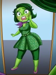 after_transformation belt blush diggerman disgust_(inside_out) dress eyelashes female female_pov green_hair green_skin heels mtf_transformation pink_heels pov shocked