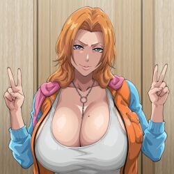 1girls ai_generated big_boobs big_breasts bleach bleach:_the_thousand-year_blood_war blonde_female blonde_hair blue_eyes curvy curvy_body curvy_female curvy_figure huge_breasts jacket kyoru189 large_breasts light-skinned_female light_skin looking_at_viewer matsumoto_rangiku mature_female mole mole_on_breast mole_under_mouth orange_hair peace_sign shiny shiny_skin solo solo_female tank_top