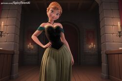 1girl ai_generated bare_shoulders blonde_hair blue_eyes braid breasts candle dress french_braid hair_bun hi_res high_quality high_resolution indoors looking_at_viewer patreon seductive sexy solo spicytoonai standing uncensored watermark wooden_floor