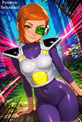 ai_generated armor ben_10 blush bodysuit cosplay costume crossover dragon_ball green_eyes gwen_tennyson looking_at_viewer mature_female paid_reward_available patreon petite red_hair saiyan saiyan_female sebassart sexy short_hair solo spandex thick_thighs tight_clothing waist