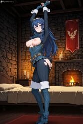 1girl ai_generated arms_up ass bed belt blue_eyes blue_footwear blue_gloves blue_hair blue_sweater blush boots breasts breasts_out candle digitalwaifugallery fingerless_gloves fire fire_emblem from_side full_body gloves hair_between_eyes hi_res high_quality high_resolution indoors long_hair looking_at_viewer lucina_(fire_emblem) medium_breasts nipples parted_lips patreon ribbed_bodysuit ribbed_sweater seductive sexy shirt solo standing sweater symbol-shaped_pupils symbol_in_eye thigh_boots tiara torn_clothes turtleneck turtleneck_sweater uncensored watermark wrist_cuffs
