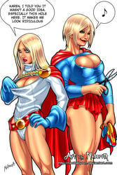 2girls alternate_costume alternate_version_available athletic athletic_female big_breasts bimbo blonde_hair blue_eyes breast_envy breast_size_comparison breast_size_difference cleavage cleavage_cutout clothing_swap color colored cosplay cutting_clothes dc dc_comics female female_only gloves human human_only long_hair mature mature_female mature_woman multiple_girls nebaroth nipple_bulge overflowing_breasts power_girl power_girl_(cosplay) scissors short_hair size_difference stretching supergirl supergirl_(cosplay) tight_clothes tight_clothing