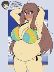 aozaki_aoko big_boobs big_breasts big_tits bikini blush blushing chubby chubby_female fat_female female long_hair mahou_tsukai_no_yoru male massgrave pose shizuki_soujuurou swimsuit text