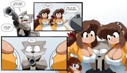 ... 1boy 2girls aiming aiming_at_viewer animal_ears anthro apron black_eyes bow breasts brown_hair canid canine canis carlos_(inker_comics) cleavage clone closed_mouth clothing coolerinker cow_print cup dress english_language fake_horns female furry furry_male gloves grey_fur gun hair_ribbon hairband hairbow handgun headband holding holding_gun holding_weapon horns huge_breasts inker_comics inkershike large_breasts long_hair looking_at_another maid maid_headdress male mammal mona_(inker_comics) multiple_girls orange_dress pants ponytail red_bow red_ribbon ribbon sexually_suggestive short_sleeves shorts smile spoken_ellipsis weapon white_apron wolf wolf_boy wolf_ears yellow_dress