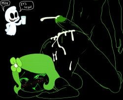 1girl after_sex ahegao arched_back ass_up bhloopy brain_dump bukkake burnbot cum_drip cum_on_back dark_background doggystyle face_down_ass_up flower_in_hair freckles freckles_on_face ghost glowing green_hair highres large_ass neon smirk speech_bubble thick_thighs