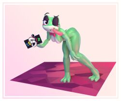 3d bent_over bow breasts censor_bar censored eyelashes flipping_off frog frog_girl frog_tongue green_body green_skin hand_on_knee hand_on_thigh long_tongue looking_at_viewer one_eye_closed ribbit_(the_amazing_digital_circus) soff_doll tagme tagme_(artist) the_amazing_digital_circus tongue tongue_out wink