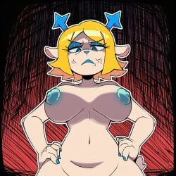ai_generated annoyed antlers big_breasts blonde_hair blue_nipples carol_holiday deltarune deltarune_chapter_4 hands_on_hips noir_genesis