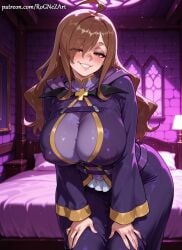 1girl 2026 ahoge ai_generated anime bangs bed blush boobs breasts brown_eyes brown_hair cleavage covered_nipples cross crossover eye_contact female female_focus flushed grin hair_over_one_eye hands_on_own_thighs highres huge_breasts indoors inside kono_subarashii_sekai_ni_shukufuku_wo! konosuba large_breasts leaning_forward lips long_hair long_sleeves looking_at_viewer nsfw on_bed patreon patreon_username robe rognezart seductive_smile smile smiling solo very_long_hair window wiz_(konosuba)