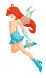 1girls bloom_(winx_club) breasts charmix fairy fairy_wings female flying high_heels jpg long_hair looking_at_viewer rainbow_(animation_studio) red_hair skirt small_breasts solo topless white_background wings winx_club