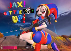 angry_expression ass ass_focus big_ass censored chickenchicalover clothed fortnite gunfire jax_(the_amazing_digital_circus) looking_at_viewer looking_back pomni pomni_(the_amazing_digital_circus) speech tagme text the_amazing_digital_circus white_skin