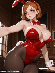 1girl ai_generated animal_ears arlequin097 bare_shoulders black_pantyhose blush bow bowtie breasts brown_eyes brown_hair brown_pantyhose cleavage closed_mouth covered_navel curvy detached_collar fake_animal_ears fake_tail hairband highleg highleg_leotard indoors jujutsu_kaisen kugisaki_nobara large_breasts leotard lips looking_to_the_side nobara_kugisaki outstretched_arm pantyhose patreon_username playboy_bunny rabbit_ears rabbit_tail red_bow red_bowtie red_hairband red_leotard shiny_clothes short_hair solo strapless strapless_leotard tail thick_thighs thighs window wrist_cuffs