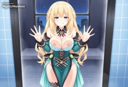 1girl against_glass ai_generated anime anime_style bare_shoulders blonde_hair blue_eyes blush braid breast_press breasts breasts_on_glass cleavage cpu_(neptunia) dress green_dress green_heart_(neptunia) hentai hi_res hyperdimension_neptunia large_breasts long_hair looking_at_viewer mystic_maidens neptunia_(series) nipples patreon purple_eyes rain smile solo underwear vert vert_(neptunia) wet