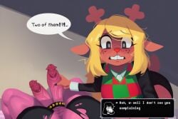 2_horns 2_penises accessory ai_generated anthro antlers black_clothing black_eyes black_topwear blonde_hair bodily_fluids boopamorgz bottomless bottomless_intersex breasts brown_body buckteeth capreoline cervid clothed clothing cock_ring crossgender deltarune dialogue duo english_text erection female fingers first_person_view freckles ftg_crossgender fti_crossgender genitals gynomorph gynomorph_anthro hair horn intersex intersex/female intersex_anthro jewelry long_hair mammal multi_genitalia multi_penis muscular muscular_intersex new_world_deer noelle_holiday nude nude_intersex penis penis_accessory penis_jewelry pink_genitals pink_penis red_nose reindeer ring scalie shirt speech_bubble spikes susie_(deltarune) sweat sweater sweater_vest tail teeth text text_box topwear torn_clothing undertale_(series) vein veiny_penis vest
