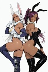 2girls ai_generated bleach boku_no_hero_academia bunny_ears bunny_girl bunnysuit dark-skinned_female dark_skin female_only miruko my_hero_academia rumi_usagiyama shihouin_yoruichi simple_background tagme white_background