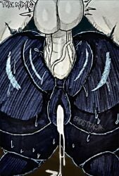 1girl anal anal_penetration anus_focus ass_focus bent_over blue_highlights creampie cum cum_drip dark_skin deep_penetration dripping_cum dripping_pussy explicit from_behind ghostfacik huge_breasts kurayami_(the_mimic) monochrome monster_girl nipples nsfw penis_in_anus pussy_focus pussy_juice roblox roblox_game solo spiky_hair the_mimic topless wet_pussy