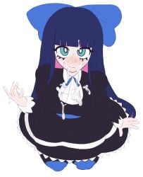 1girl bangs bhloopy black_dress blue_bow blue_eyes blue_hair blush bukkake cum_drip cum_on_body cum_on_face cum_on_hair facial frills highres kneeling large_bow long_hair looking_at_viewer panty_&_stocking_with_garterbelt puffy_sleeves solo stocking_anarchy straight_hair thick_thighs white_apron white_background wide_hips