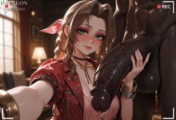 1boy 1girl aerith_gainsborough ai_generated bangs battery_indicator black_choker black_skin blush bow bracelet braid braided_ponytail breasts brown_hair choker cleavage closed_mouth clothing cropped_jacket dark-skinned_male dark_penis dark_skin dress erection eyeshadow female final_fantasy final_fantasy_vii final_fantasy_vii_remake green_eyes hair_ornament hetero horse_penis huge_penis indoors interracial interspecies jacket jewelry lamp large_breasts large_penis large_testicles lips long_hair looking_at_viewer makeup male male_pubic_hair necklace nude parted_bangs patreon_username penis penis_grab pink_bow pink_dress pink_ribbon precum precum_drip pubic_hair recording red_jacket short_sleeves smile solo_focus testicles vantawaifu veins veiny_penis very_dark_skin