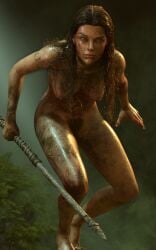1girls 3d blood breasts dirt dirty female hairy_pussy jayyboww nipples nude original original_character pubic_hair pussy small_breasts solo spear sweat