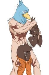 1boy 1girl 4_fingers bandage bilac_(shangri-la_frontier) bird_mask blue_feathers brown_fur carrying_partner completely_nude completely_nude_male cum_inside duo ear_grab fluffy hand_on_throat human_on_anthro impact_lines lagomorph malicious_smile mammal marks_on_body mengao moaning_in_pleasure movement_lines open_mouth pants_down rabbit rabbit_ears red_eyes shangri-la_frontier standing_sex stomach_bulge sunraku suspenders tail taken_from_behind vorpal_bunny white_background yellow_eyes