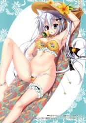 1girls animal_ears bikini cleavage frilled_straps garter hammock heterochromia ice_cream komiya_hitoma long_hair nekomimi original straw_hat swimsuits tail thigh_strap tied_hair twintails underboob wardrobe_malfunction white_hair