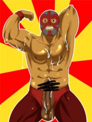 1boy abs after_orgasm armpits artist_request censored clothing cum cum_dripping cum_on_self dark-skinned_male dark_skin flexing hand_behind_head luchador male male_only mask muscles muscular nipples penis pointless_censoring posing rhythm_heaven smile testicles topless veins veiny_penis wrestler_(rhythm_heaven)