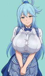 1girls ai_generated apron aqua_(konosuba) big_boobs big_breasts blue_eyes blue_hair curvy curvy_body curvy_female curvy_figure huge_breasts kono_subarashii_sekai_ni_shukufuku_wo! kyoru189 large_breasts light-skinned_female light_skin looking_at_viewer mature_female seductive seductive_eyes seductive_look seductive_smile shiny_skin shirt smile solo solo_female waiter waitress waitress_uniform