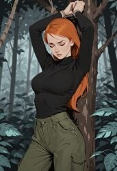 1girls ai_generated forest kim_possible kimberly_ann_possible long_hair orange_hair solo solo_female tagme tied_to_tree tree