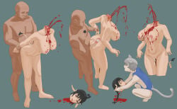 1boy 2girls animal_ears ass back black_hair blood blue_eyes braid breasts brown_eyes cow_ears cow_girl cow_horns cow_tail death decapitation gore guro horns large_breasts long_hair medium_breasts multiple_girls necrophilia nude sex short_hair tail white_hair