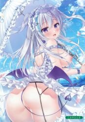 1girl absurdres ahoge aqua_hair artist_name ass bare_shoulders blue_sky blush breasts breasts_out chain cloud cloudy_sky convenient_censoring convenient_tail day demon_tail demon_wings dress fang frilled_thighhighs frills garter_belt grey_hair hair_between_eyes highres holding holding_umbrella horizon komiya_hitoma long_hair looking_at_viewer looking_back maid_headdress medium_breasts melonbooks multicolored_hair nipples no_panties ocean open_mouth original outdoors petals purple_eyes sidelocks sky smile solo standing sunlight tail thighhighs thong umbrella water white_background white_thighhighs wings
