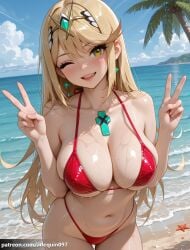 1girl ai_generated alternate_costume arlequin097 bare_shoulders beach bikini blonde_hair blue_sky blush breasts chest_jewel cleavage cloud collarbone day double_v earrings highleg jewelry large_breasts long_hair looking_at_viewer mythra mythra_(xenoblade) navel ocean one_eye_closed open_mouth outdoors palm_tree red_bikini shore sideboob skindentation sky smile solo starfish stomach swept_bangs swimsuit thigh_gap thighs tiara tree v very_long_hair water wet xenoblade_(series) yellow_eyes
