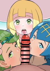 1boy 3girls absurdres bar_censor blonde_hair blue_eyes blue_hair bright_pupils censored commentary_request eyelashes fellatio green_eyes green_hair hairband harem hat hetero highres kusano819 lana_(pokemon) licking licking_penis lillie_(pokemon) long_hair looking_at_viewer looking_up mallow_(pokemon) mao_(pokemon) multiple_girls oral penis pokemon pokemon_sm pokemon_sun_and_moon pov pov_crotch suiren_(pokemon) sun_hat swept_bangs teeth tongue tongue_out upper_teeth_only white_pupils yellow_hairband