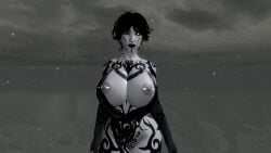 3d big_breasts black_hair clothing_aside darkina_(skibidoa) dress female light_skin pierced_nipples skyrim solo solo_female thick_thighs voluptuous white_body