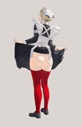 1girls absurdres alternate_costume apron ass back_bow big_ass black_dress black_shoes bow clothes_lift commission dress dress_lift edelgard_von_hresvelg edelgard_von_hresvelg_(timeskip) female female_only fire_emblem fire_emblem:_three_houses from_behind grey_background highres horns lifting_own_clothes maid maid_apron maid_headdress nintendo no_panties pomelomelon presenting_own_ass presenting_own_body purple_eyes red_thighhighs shoes short_hair simple_background solo thighhighs thighs white_hair