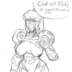 1girls 2021 2d breasts breasts_out dialogue english_text female female_only flashing metroid monochrome nintendo nipples open_mouth princesskari samus_aran shirt_lift simple_background sketch solo solo_female speech_bubble text white_background