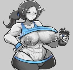 1girls abs black_hair blue_tank_top breasts cleavage clothes_lift clothing colored_nipples colored_skin cup curvy dark_areolae dark_nipples disposable_cup female flying_sweatdrops g-string grey_background grey_hair grey_skin hand_on_own_hip highleg highleg_panties holding holding_cup huge_breasts huge_nipples inverted_nipples large_areolae large_breasts long_hair muscle muscular muscular_female navel nipples no_bra o3o panties pants panty_straps ponytail puckered_lips puffy_nipples rockorgasm shirt_lift simple_background solo sweat tank_top thick_thighs thong underwear white_skin wide_hips wii_fit wii_fit_trainer wii_fit_trainer_(female) wristband