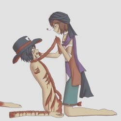 2others ambiguous_gender amputated amputated_arm amputated_leg amputation amputee androgynous black_eyes black_hair black_hat bleeding blood blood_on_hand bloody blue_eyes blush blushing brown_hair cape choker choking cine_hamal crying_with_eyes_open cyan_eyes decerebrate enraku_tsubakura eye_of_senri fat_tissue gore gray_background green_shorts hat heart intestines japanese kuzu_suzumi light_skin sara_gimaru self_upload short_hair smile smiling suzumi_kuzu suzumi_kuzu_(hamal_cine) tsubakura_enraku turban white_shirt wound wounded