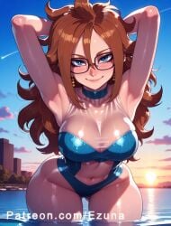 ai_generated android_21 android_21_(human) armpits arms_behind_head big_ass big_breasts big_butt big_thighs blue_eyes blush brown_hair dragon_ball dragon_ball_z ezuna glasses huge_ass huge_breasts huge_butt huge_thighs swimsuit wanuze wide_hips