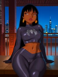 2d ai_generated artist black_hair breasts chel_(the_road_to_el_dorado) cosplay dark_skin dreamworks medium_breasts naostudio patreon spider-man_costume the_road_to_el_dorado