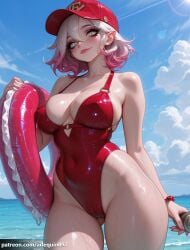 1girl ai_generated arlequin097 artist_name ass_visible_through_thighs bare_shoulders baseball_cap beach blue_sky blush bracelet breasts briar_(league_of_legends) cameltoe casual_one-piece_swimsuit cleavage closed_mouth cloud collarbone covered_navel covered_nipples cowboy_shot day fingernails gradient_hair green_eyes grey_hair hair_between_eyes hat highleg highleg_swimsuit holding holding_microphone holding_swim_ring innertube jewelry large_breasts league_of_legends long_fingernails looking_at_viewer makeup microphone multicolored_hair o-ring o-ring_swimsuit ocean one-piece_swimsuit outdoors patreon_username pink_hair pink_lips pointy_ears red_headwear red_one-piece_swimsuit riot_games sharp_fingernails shiny_clothes shiny_skin short_hair sky smile solo standing sunlight swim_ring swimsuit thick_thighs thighs two-tone_hair water wet white_hair