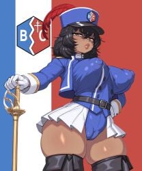 1girl andou_(girls_und_panzer) baxx15 black_belt blue_headwear blue_jacket blue_vest cameltoe covered_nipples front_view girls_und_panzer huge_breasts huge_nipples long_boots looking_at_viewer messy_hair peaked_cap perky_breasts short_black_hair solo sword thick_lips thighs tsundere yellow_eyes