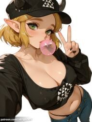 1girl ai_generated alternate_costume arlequin097 baseball_cap black_headwear black_nails black_panties black_shirt blonde_hair blue_pants blush breasts bubble_blowing chewing_gum cleavage collarbone contemporary covered_nipples crop_top denim green_eyes hairclip hat highleg highleg_panties horns jeans large_breasts long_sleeves looking_at_viewer midriff nail_polish navel nintendo panties pants panty_straps patreon_logo patreon_username pointy_ears princess_zelda selfie shirt short_hair simple_background solo thong underwear v white_background zelda_(breath_of_the_wild) zelda_(tears_of_the_kingdom)