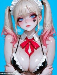 1girl ai_generated batman_(series) bikini black_bikini blonde_hair blue_background blue_eyes blush breasts cleavage closed_mouth crossed_arms dc_comics detached_collar frilled_bikini frills gradient_hair harley_quinn heart heart-shaped_pupils heart_facial_mark heart_tattoo large_breasts lips long_hair looking_at_viewer maid maid_bikini maid_headdress makeup mascara multicolored_hair pink_hair ribbon shiny_skin simple_background solo sweat swimsuit symbol-shaped_pupils twintails unconventional_maid upper_body wet wrist_cuffs