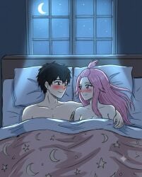 1boy 1boy1girl 1girls ai_generated arm_around_partner arm_around_shoulders bed bedroom black_eyes black_hair blanket blush blush_lines blushing breasts couple couple_(romantic) cute etra-chan_saw! female fit fit_female fit_male hourglass_figure hourglass_figured_female implied_nudity kuroki_(etra-chan_saw!) looking_at_another lying lying_on_back lying_on_bed male male/female medium_breasts moon moonlight naked naked_female naked_male night night_sky nude nude_female nude_male on_bed part_of_a_set perfect_body pink_eyes pink_hair smile smiling smiling_at_another starry_sky under_blanket wholesome wholesome_nudity youtube yuri_(etra-chan_saw!)